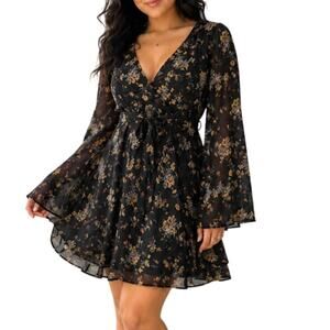 Free People Lilou Black Floral Boho Festival Chiffon Bell Sleeve Dress M